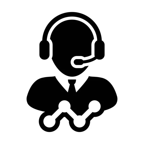 Avatar de profil de personne de soutien de données masculin vectoriel d'icône d'expérience client avec le casque et le graphique linéaire pour l'assistant en ligne dans l'illustration de pictogramme de glyphe — Image vectorielle