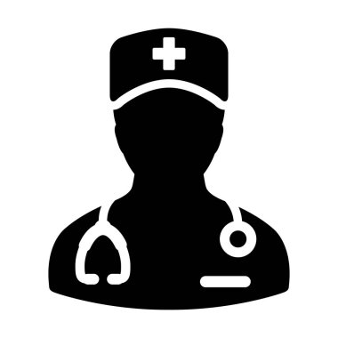 Tıbbi asistan simgesi vektör erkek kişi profil avatar Glyph Pictogram illüstrasyon konsültasyon için bir stetoskop ile