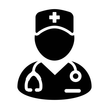 Tıbbi asistan simgesi vektör erkek kişi profil avatar Glyph Pictogram illüstrasyon konsültasyon için bir stetoskop ile
