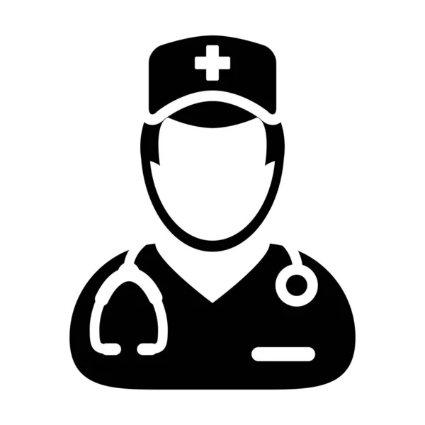 Icono de consulta médica vector de perfil de persona masculina avatar con un estetoscopio para el tratamiento en ilustración Pictograma de Glifos — Vector de stock
