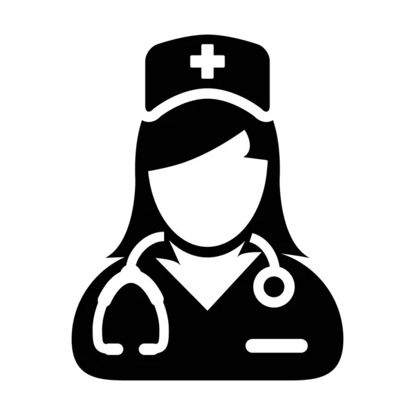 Icono de salud vector de perfil de persona femenina avatar con un estetoscopio para consulta médica en ilustración Pictograma de Glifos — Vector de stock