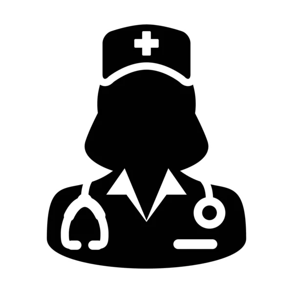 Icono de enfermera vector avatar perfil de persona femenina con un estetoscopio para consulta médica en ilustración Pictograma de Glifos — Vector de stock