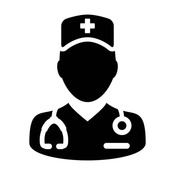 Enfermera icono vector hombre persona perfil avatar con un estetoscopio para consulta médica en ilustración Pictograma Glifo — Vector de stock