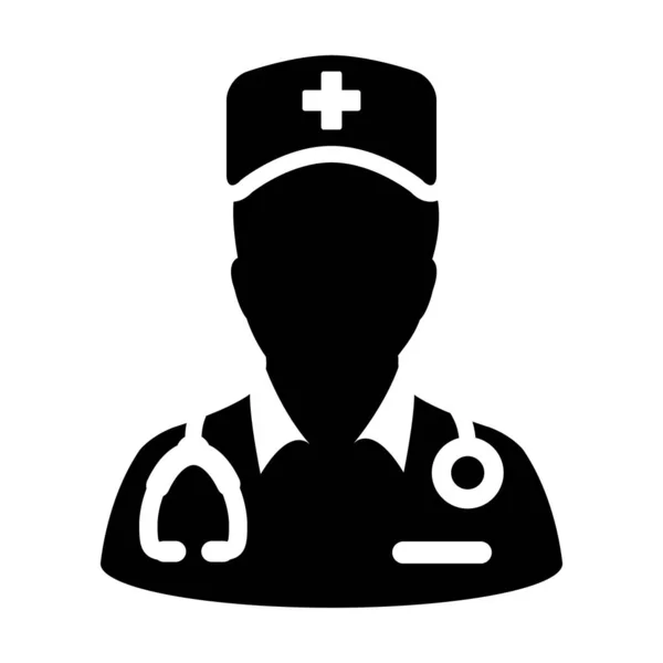 Hospital ícone vetor perfil de pessoa masculina avatar com um estetoscópio para consulta médica em Glyph Pictogram ilustração —  Vetores de Stock