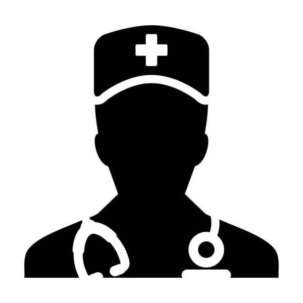 Icono de primeros auxilios vector hombre persona perfil avatar con un estetoscopio para la consulta del médico en Glyph Pictogram ilustración — Vector de stock