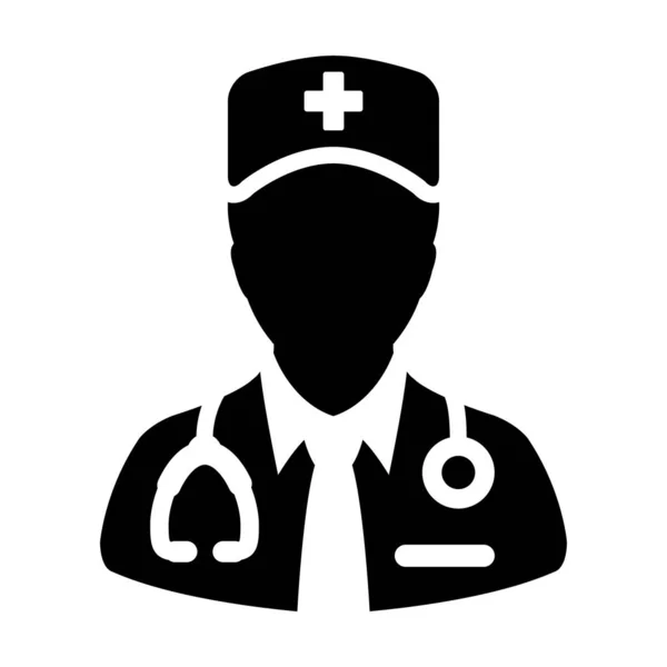 Icono de enfermería vector hombre persona perfil avatar con un estetoscopio para consulta médica en Glyph Pictogram ilustración — Vector de stock