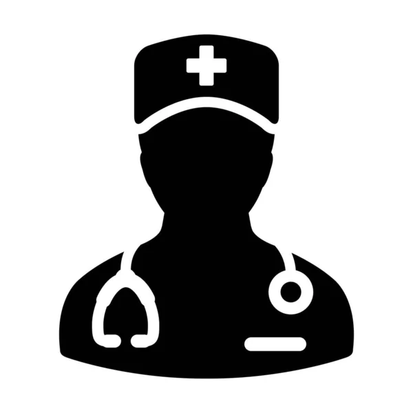 Asistente médico icono vector hombre persona perfil avatar con un estetoscopio para consulta en Glyph Pictogram ilustración — Vector de stock