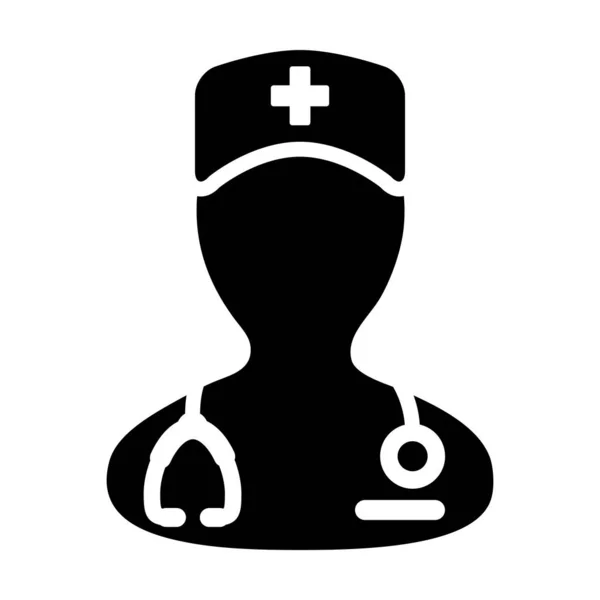 Asistente médico icono vector hombre persona perfil avatar con un estetoscopio para consulta en Glyph Pictogram ilustración — Archivo Imágenes Vectoriales