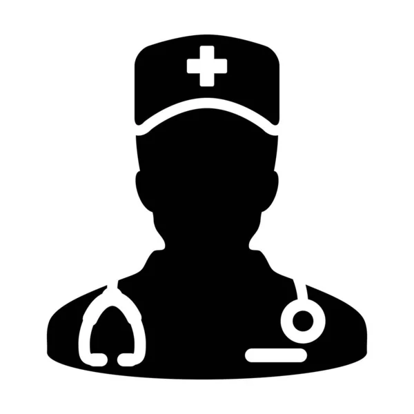 Cirujano icono vector hombre persona perfil avatar con un estetoscopio para el tratamiento médico en Glyph Pictogram ilustración — Vector de stock