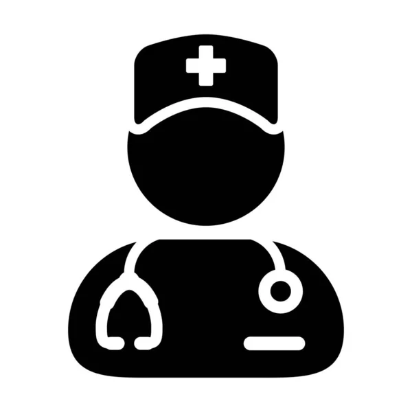 Avatar del profilo della persona maschile del vettore dell'icona del clinico con uno stetoscopio per la consultazione medica nell'illustrazione del pittogramma del glifo — Vettoriale Stock