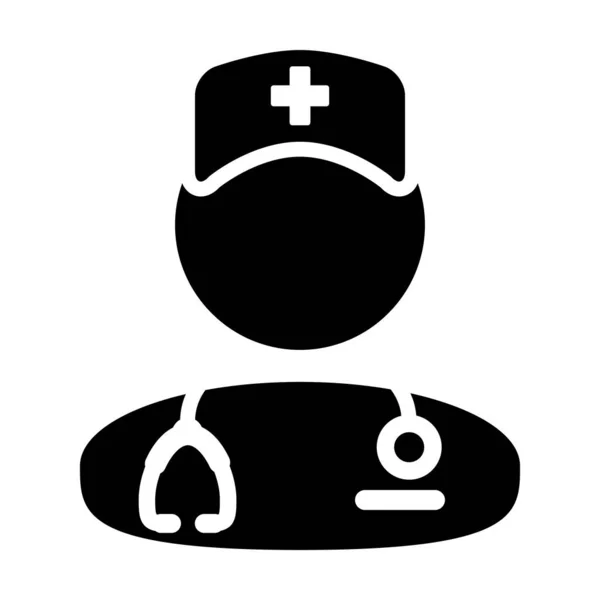 Asistente médico icono vector hombre persona perfil avatar con un estetoscopio para consulta en Glyph Pictogram ilustración — Archivo Imágenes Vectoriales