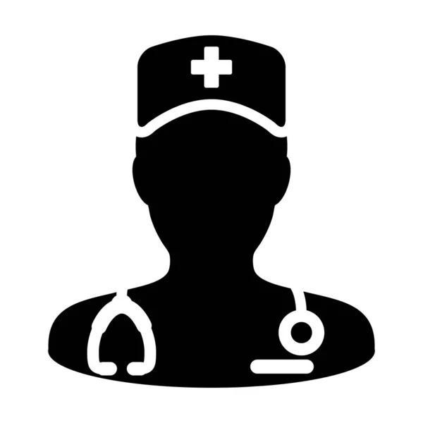 Icono de atención médica vector hombre persona perfil avatar con un estetoscopio para la consulta del médico en Glyph Pictogram ilustración — Vector de stock
