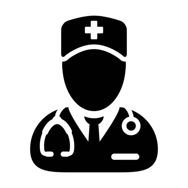 Icono médico vector hombre persona perfil avatar con un estetoscopio para la consulta del médico en ilustración Pictograma de Glifos — Vector de stock