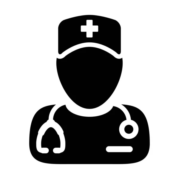Avatar del perfil de la persona masculina del vector del icono del hospital con un estetoscopio para la consulta del médico en ilustración del pictograma del glifo — Vector de stock