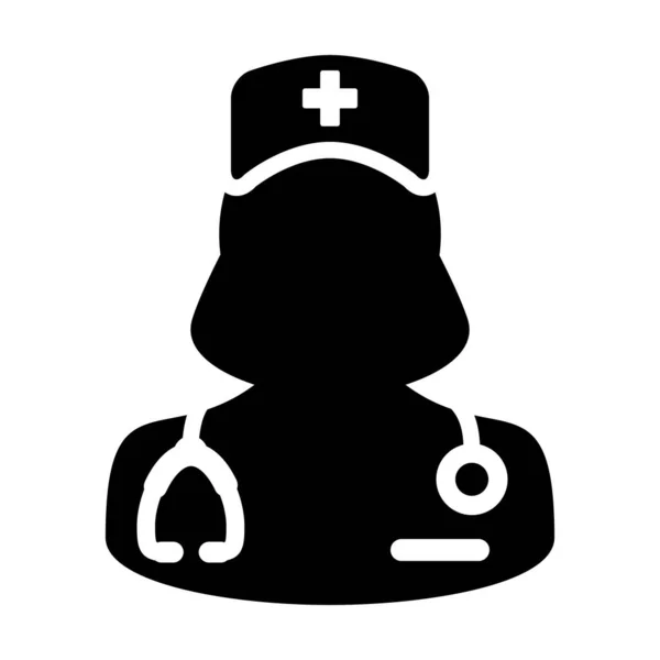 Asistente médico icono vector avatar perfil de la persona femenina con un estetoscopio para consulta en ilustración Pictograma Glifo — Vector de stock