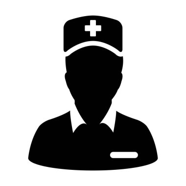 Bir glyph piktogram illüstrasyon konsültasyon için bir stetoskop ile Tıbbi görevli simge vektör erkek kişi profil avatar