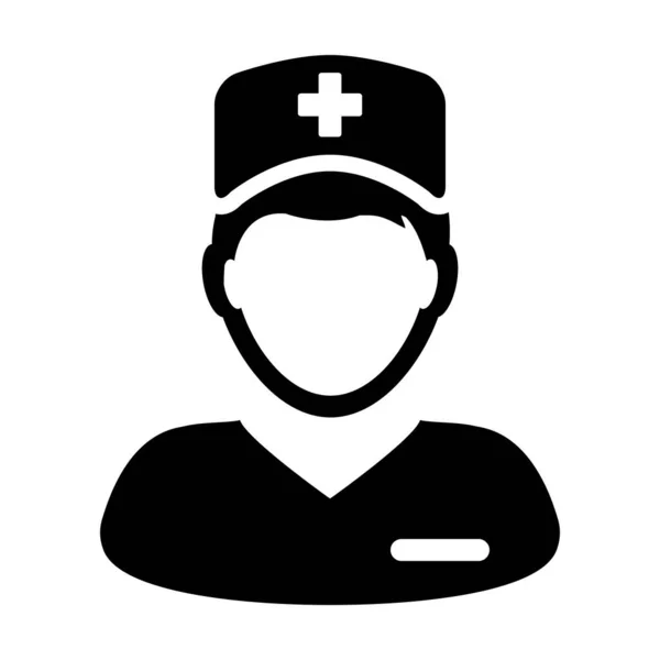 Accompagnateur médical icône vecteur homme profil avatar avec un stéthoscope pour consultation dans une illustration de pictogramme de glyphe — Image vectorielle