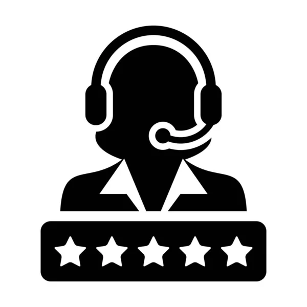 Feedback icon vector vrouwelijke ondersteuning Customer Care service persoon profiel avatar met een koptelefoon en een ster rating voor online assistent in een glyph-pictogram — Stockvector