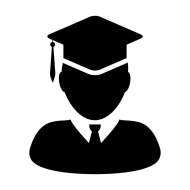 Düz renkli glyph pictogram illüstrasyon okul, yüksekokul ve üniversite derecesi için harç tahtası şapka sembolü ile Diploma simgesi vektör erkek öğrenci kişi profil avatar