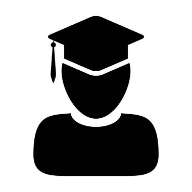 Düz renkli glyph pictogram illüstrasyon okul, yüksekokul ve üniversite derecesi için harç kurulu şapka sembolü ile Akademik simge vektör erkek öğrenci kişi profil avatar