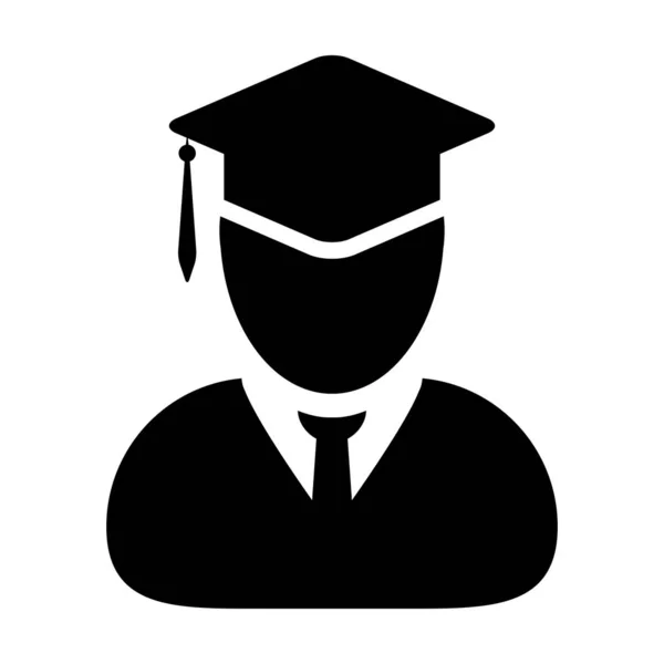Pedagogické ikony vektor mužský studentský profil avatar s třecí plochou kloboukem na školu, vysokoškolský diplom a vysokoškolský titul v ploché barvě piktogram ilustrace — Stockový vektor