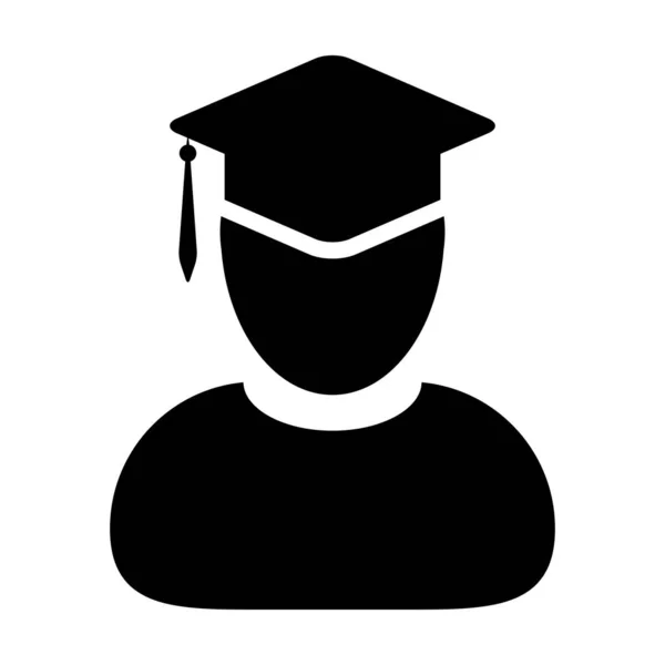 Vetor de ícone da faculdade perfil de estudante masculino avatar com símbolo de chapéu de placa de argamassa para o grau de graduação da escola e da universidade em ilustração de pictograma de glifo de cor plana — Vetor de Stock