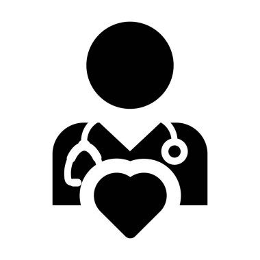 Glyph piktogram illüstrasyon kardiyolog tıbbi danışma için stetoskop ile kalp simgesi vektör erkek doktor kişi profil avatar