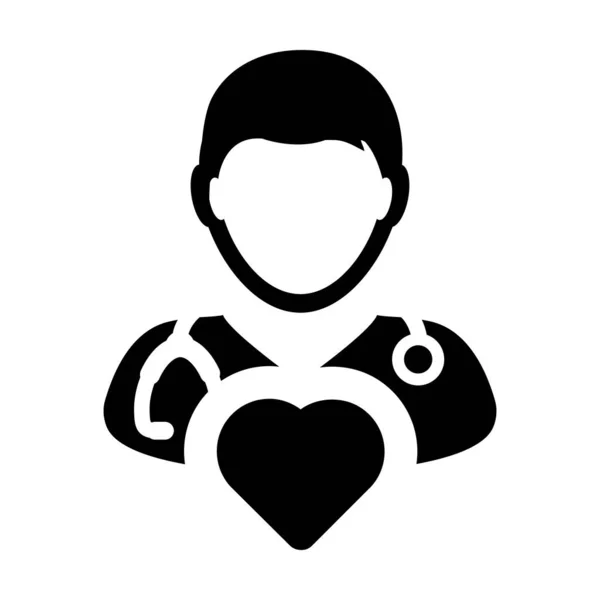 Icono médico vector hombre persona perfil avatar con estetoscopio y símbolo del corazón para la consulta médica cardiólogo en ilustración pictograma glifo — Archivo Imágenes Vectoriales