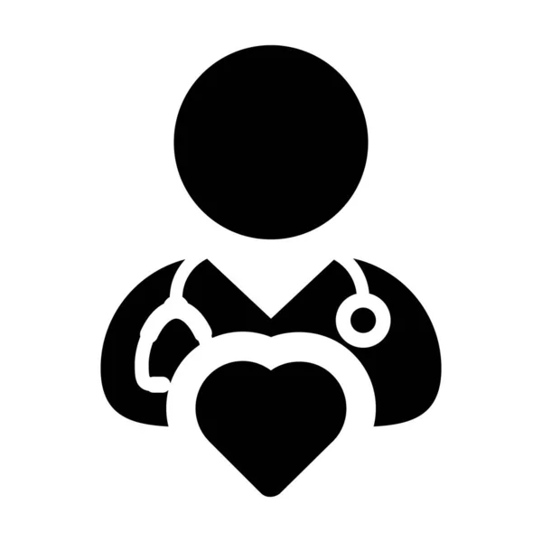 Ikona leczenie wektor mężczyzna lekarz osoba profil avatar z stetoskop i symbol serca dla kardiolog konsultacje w glif piktogram ilustracji — Wektor stockowy