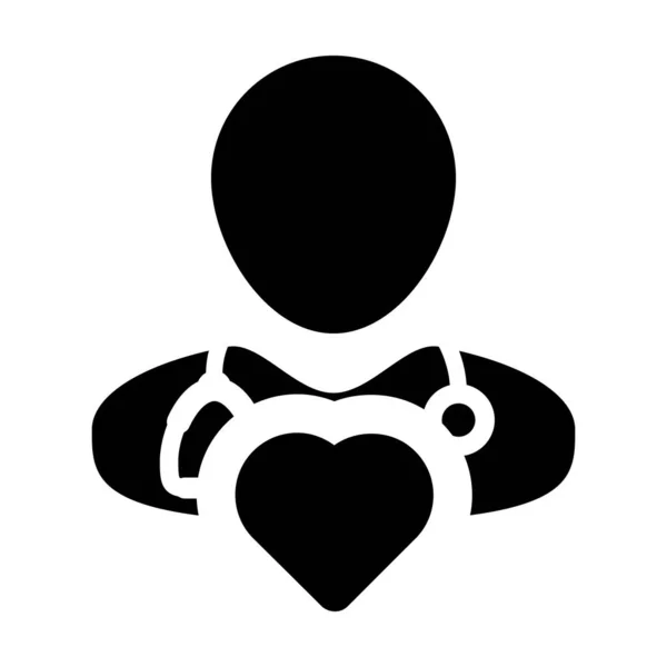 Icono de primeros auxilios vector médico masculino persona perfil avatar con estetoscopio y símbolo del corazón para la consulta médica cardiólogo en ilustración pictograma Glyph — Archivo Imágenes Vectoriales