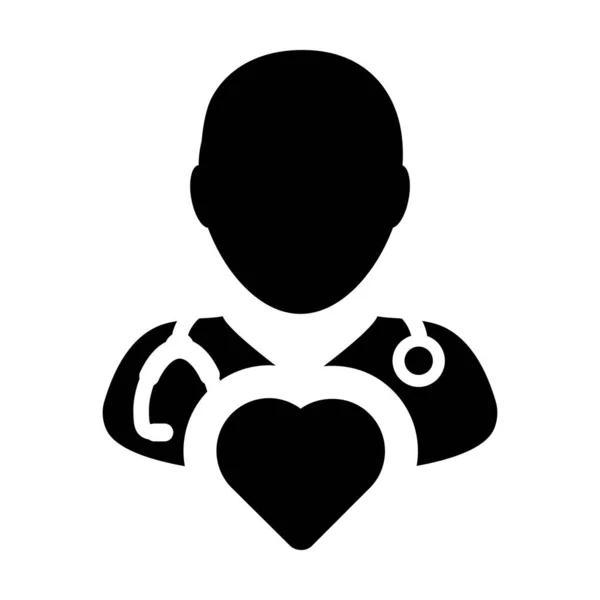外科医生图标矢量男医生个人配置文件头像与听诊器和心脏符号心脏病专家医学咨询在字形象形图插图 — 图库矢量图片