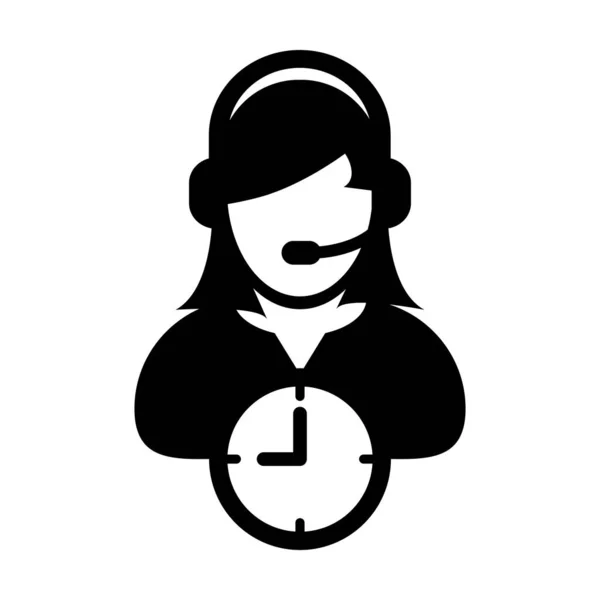 Icono de servicio al cliente símbolo de reloj vectorial y avatar de perfil de persona de soporte empresarial femenino con auriculares para asistente en línea en ilustración de pictograma de glifo — Archivo Imágenes Vectoriales
