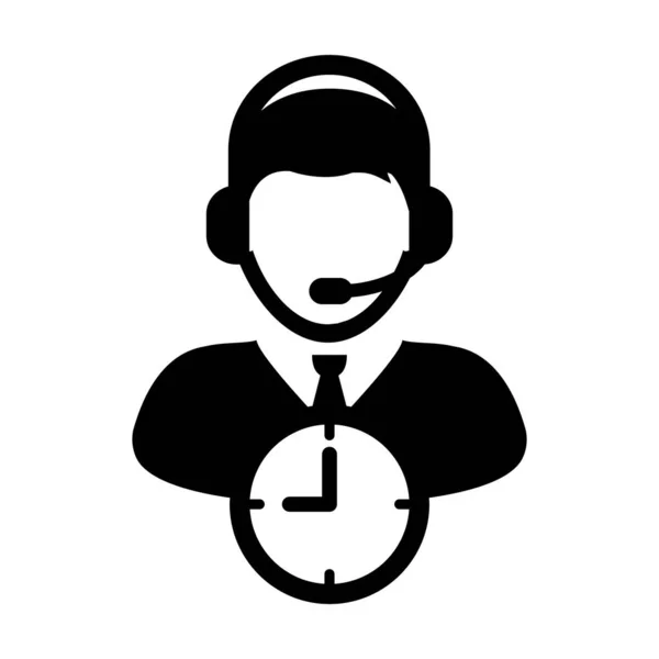 Podpora ikona vektor s hodinovým symbolem a mužské podpory péče o zákazníky business service profil osoba avatar se sluchátkem pro online asistenta v glyph piktogram ilustrace — Stockový vektor