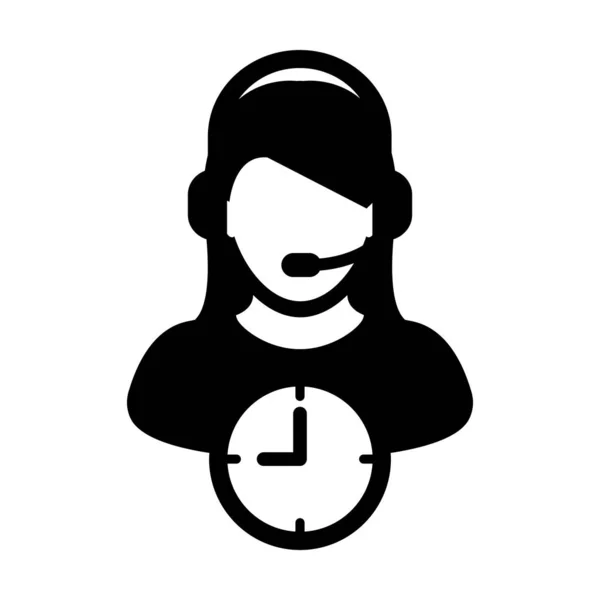 Dienst pictogram vector klok symbool en vrouwelijke zakelijke ondersteuning persoon profiel avatar met hoofdtelefoon voor online assistent in glyph pictogram illustratie — Stockvector