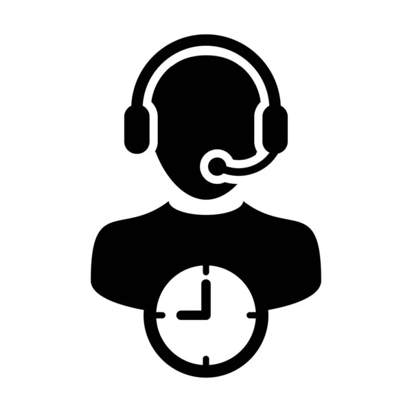 Vetor de ícone de telemarketing com símbolo de relógio e suporte ao cliente masculino perfil de pessoa de serviço de negócios avatar com fone de ouvido para assistente on-line em ilustração de pictograma de glifo — Vetor de Stock