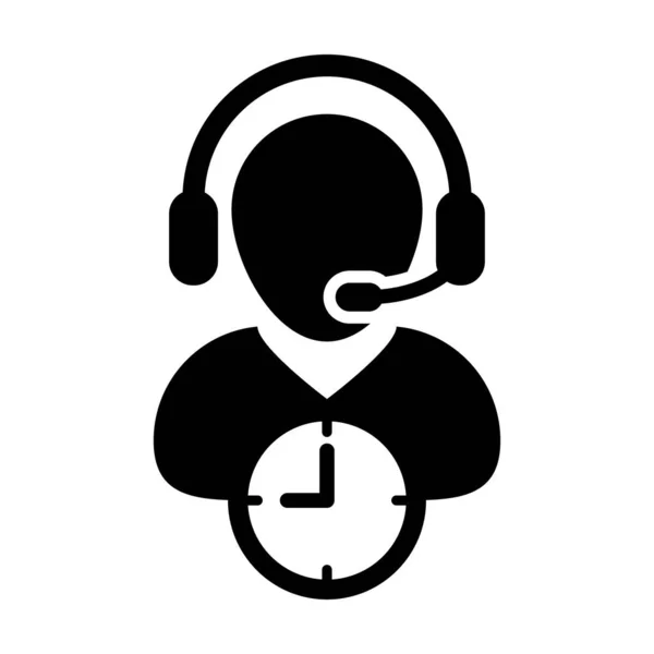 Customer support icoon vector met klok symbool en mannelijke klantenservice zakelijke dienst persoon profiel avatar met hoofdtelefoon voor online assistent in glyph pictogram illustratie — Stockvector