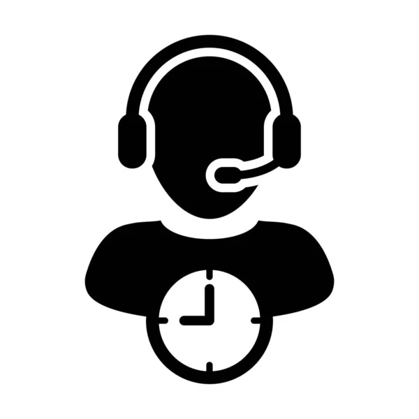 Helpline pictogram vector met klok symbool en mannelijke customer care support business service persoon profiel avatar met hoofdtelefoon voor online assistent in glyph pictogram illustratie — Stockvector