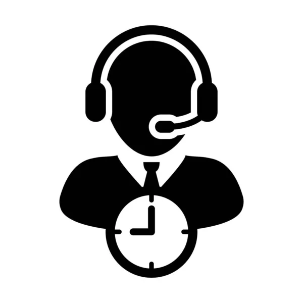 带有时钟符号的辅助图标向量和带有耳机的男性客户服务支持商业服务人员配置文件，用于图形化图形说明中的在线助理 — 图库矢量图片