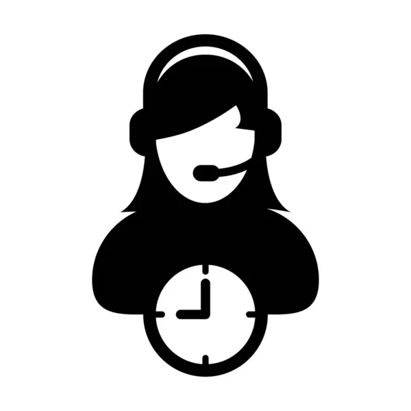 Üzleti szolgáltatás ikon vektor óra szimbólum és a női ügyfélszolgálat támogatása személy profil avatar fejhallgató az online asszisztens a glyph piktogram illusztráció — Stock Vector