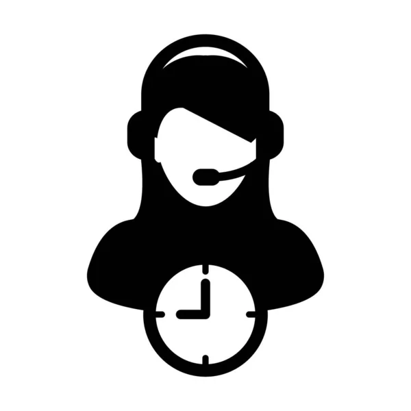 Aide icône vecteur avec symbole de l'horloge et soutien à la clientèle femelle service d'affaires profil de la personne avatar avec casque pour assistant en ligne en illustration de pictogramme glyphe — Image vectorielle