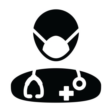 Glyph Pictogram illüstrasyonunda sağlık danışmanlığı için stetoskoplu cerrahi yüz maskeli hastane ikonu vektör doktoru erkek profil avatar sembolü