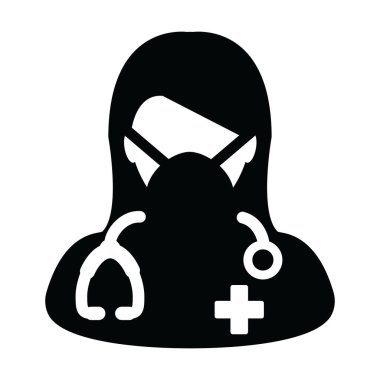 Cerrahi yüz maskeli hemşire ikonu vektörü kadın profil avatar sembolü ile Glyph Pictogram illüstrasyonunda tıbbi danışmanlık için stetoskop
