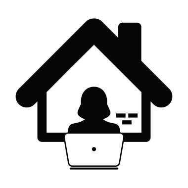 Ev simgesi ile iş ve finans için kadın kullanıcı profili avatarı içeren çevrimiçi çalışma düz renkli bir resim çizimi