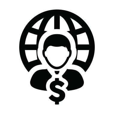 Sermaye ikonu vektör küre dolar işaret para ile erkek kişi profil avatar sembolü düz renk glifli resim çizimi bir iş ağı için