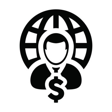 Para ikonu vektör küre dolar işaret para ile erkek kişi profil avatar sembolü düz renk glyph pictogram iş ağı için