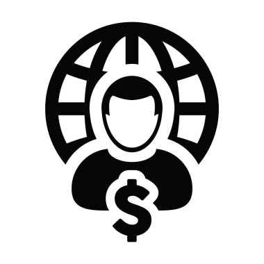 Yatırımcı ikonu vektör küre dolar işaret para erkek kişi profil avatar sembolü düz renk glifli resim çizimi bir iş ağı için
