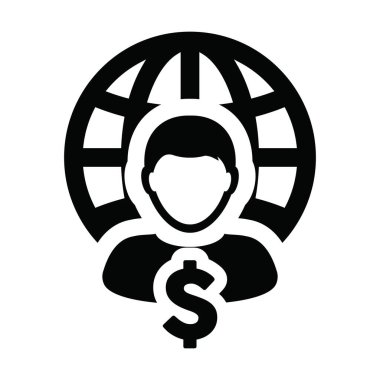 İşlem simgesi vektör küre dolar işaret para ile erkek kişi profil avatar sembolü düz renk glifli bir resim.