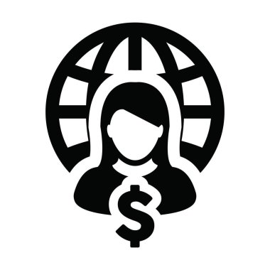 Düz renk glifli resimli bir iş ağı için kadın profil avatarıyla dolar sembolü vektör küresi