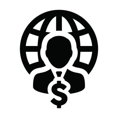 Bir iş ağı için erkek kişi profil avatar sembollü dolar ikonu vektör küresi işareti düz renk glifli resimleme