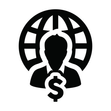 Para Aktarım ikonu vektör küre dolar işaret para ile erkek kişi profil avatar sembolü düz renk glifli bir resim